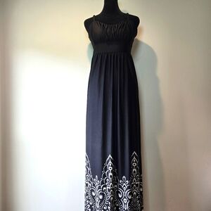 Elle Long Black Boho Chic Damask Print Maxi Dress Small